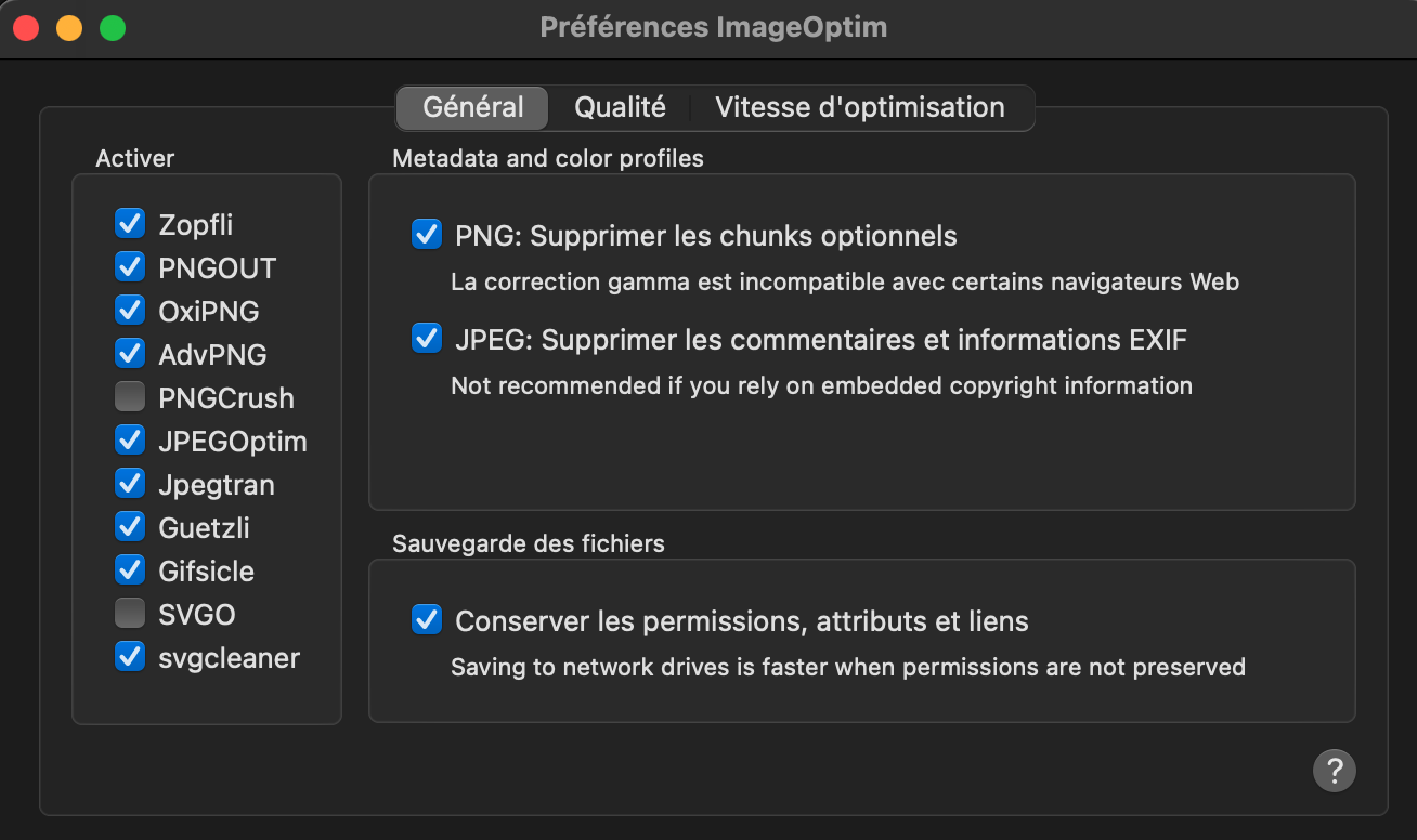 Paramètre ImageOptim pour compresser les images