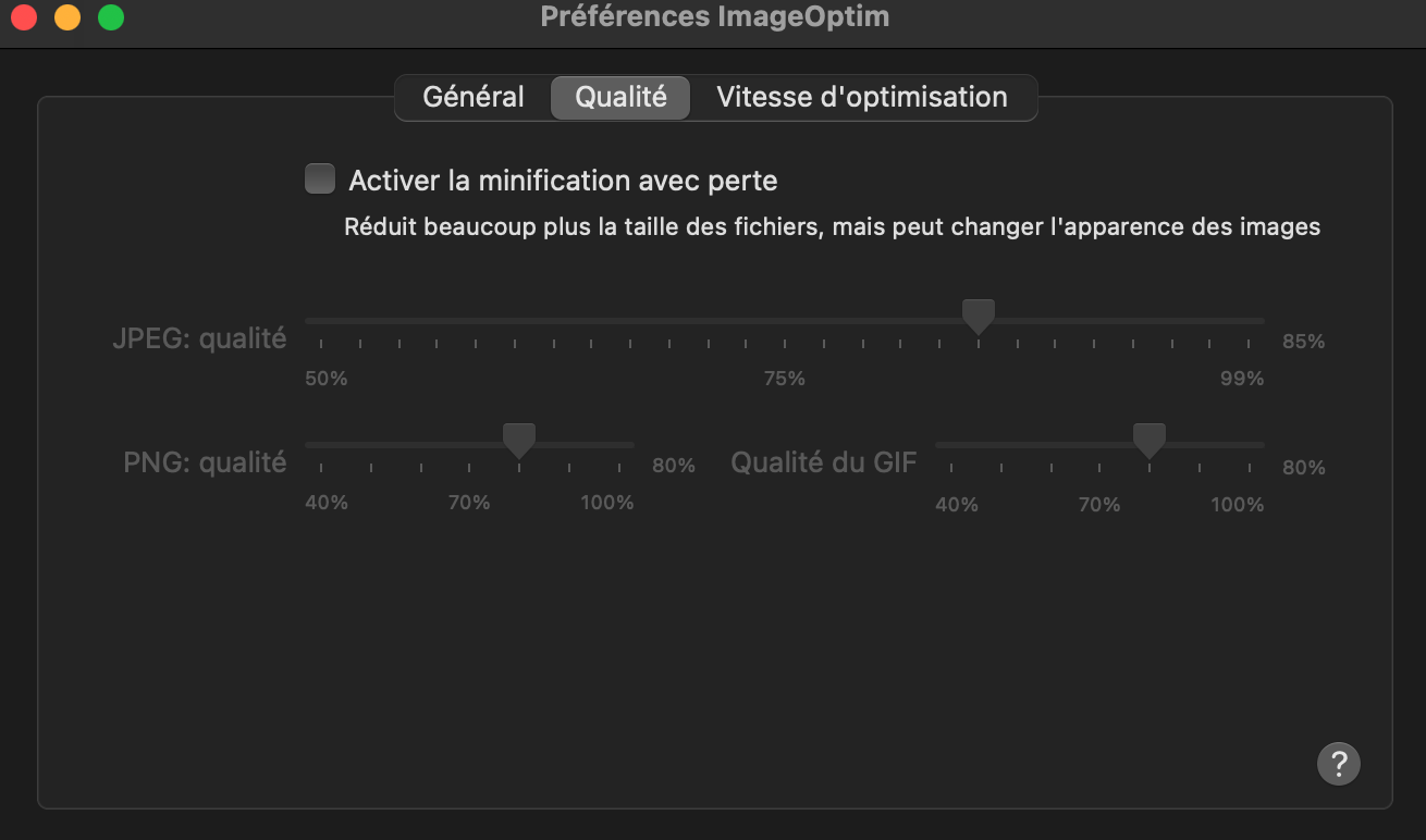 paramètre ImageOptim pour optimiser les images par compression